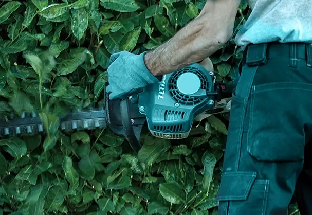 Jardinero utilizando un cortasetos eléctrico Total